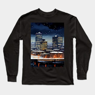 Portland Oregon First Snow: First Snow Scene in Downtown Portland, Oregon on a Dark Background Long Sleeve T-Shirt